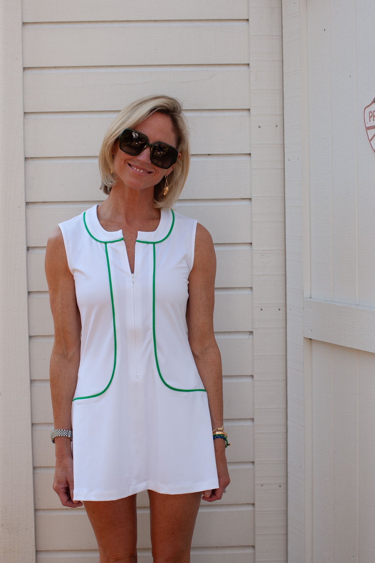 Billie Dress, white zip-front tennis dress with kelly green trim, Club and Court