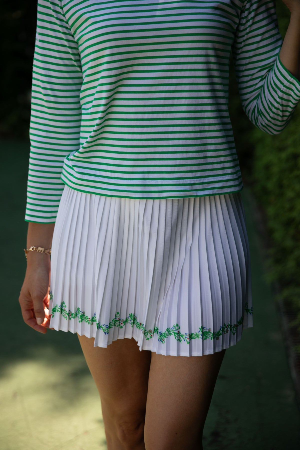 Heritage Tee Shirt, green and white striped boatneck tee, styled with the Floral Cricket Skort, Club and Court
