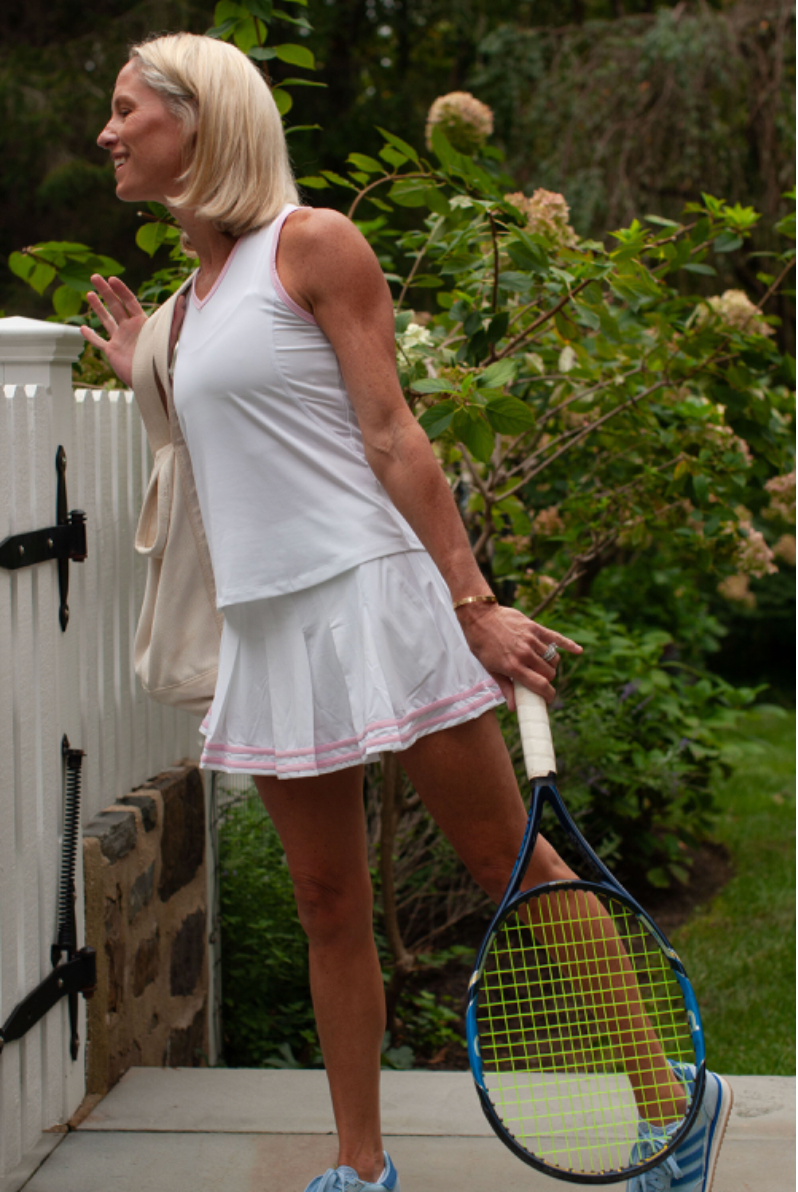 Blair Tennis Set, white racerback tank and pleated skort with baby pink trim, Club and Court