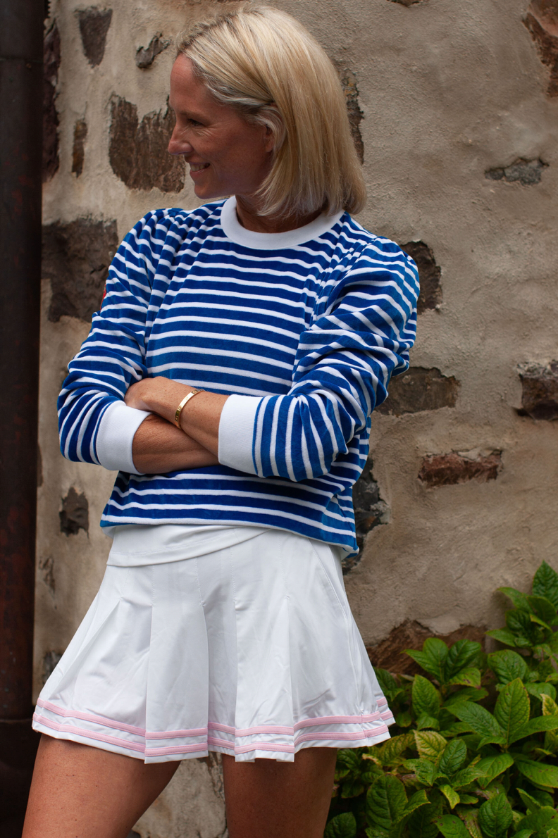 Stripe Poppy Top, retro velour stripe top with strawberry patch, Club and Court
