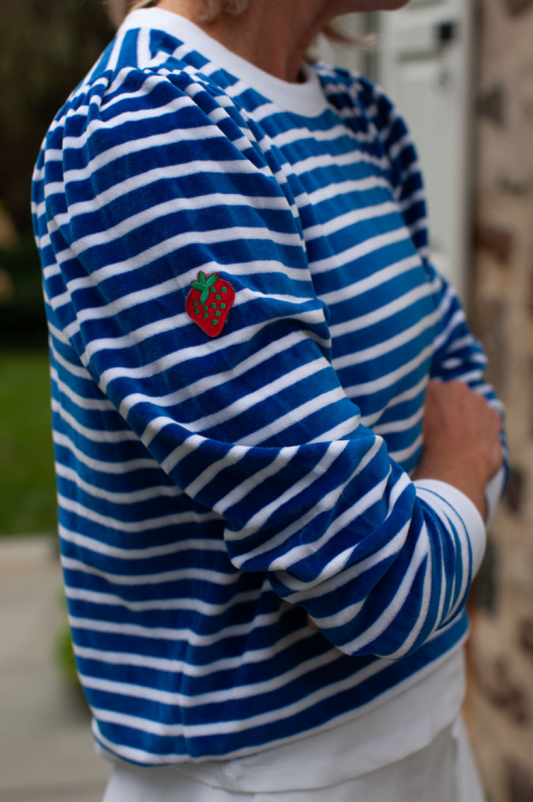 Stripe Poppy Top, retro velour stripe top with strawberry patch, Club and Court